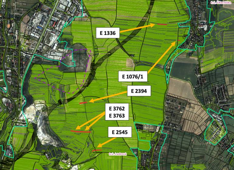 Aerial map of agricultural and forest lands near Ludrová with marked parcels.