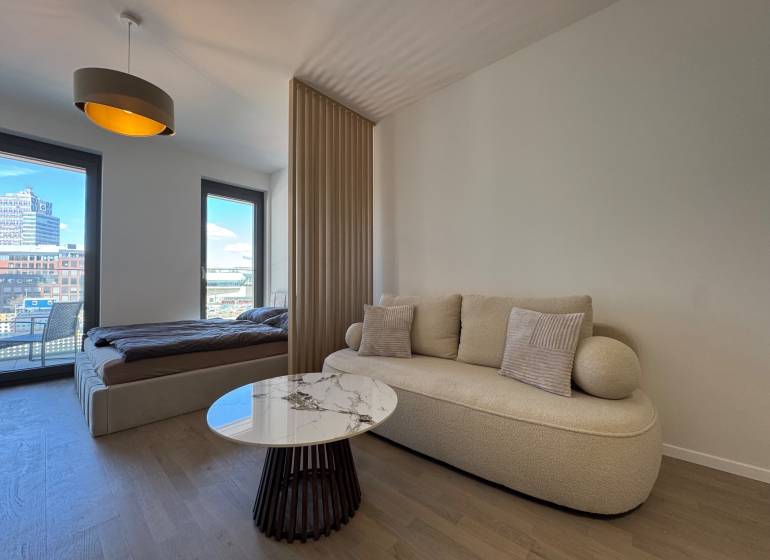 Living room with a sofa, coffee table, and bed in a studio apartment with wood-patterned flooring.