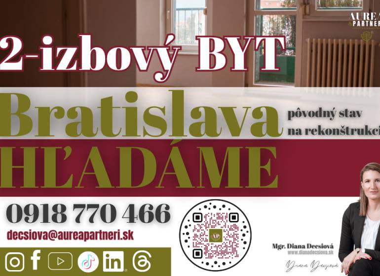 Looking for a 2-room apartment in Bratislava for renovation, contact and QR code.