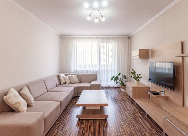 Living room with a sofa, wooden decor flooring, and decorations in a three-room apartment.