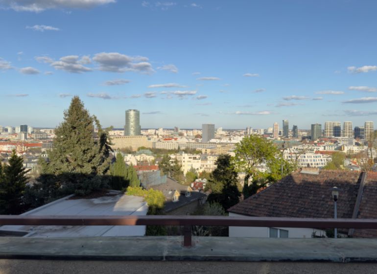 Panorama of Bratislava - the Old Town with a view of the rooftops of family houses and modern buildings.