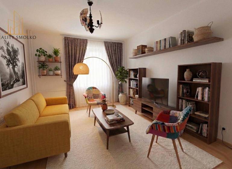 A stylish living room in a 2-room apartment with a comfortable sofa and wooden shelves.
