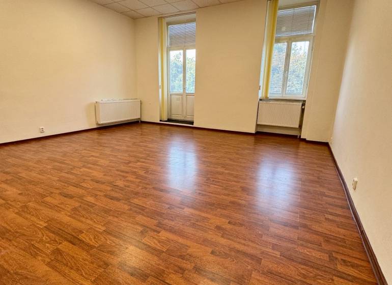 Offices with wood-patterned flooring, bright interior with large windows.