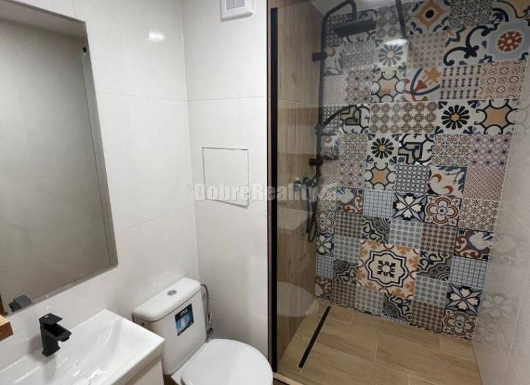 A bathroom in a studio apartment with a modern shower and a wooden decor floor.