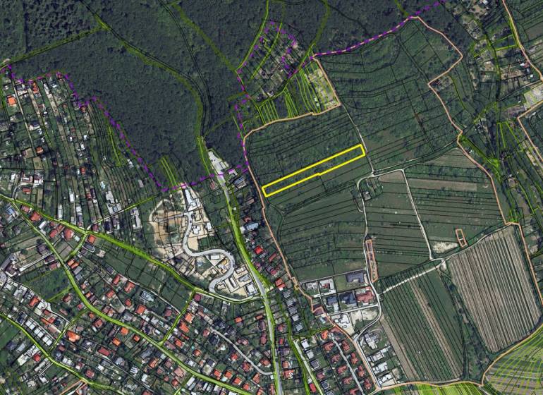 Aerial view of vineyards in Bratislava - Rača, specifically in the area of Fongová Street.