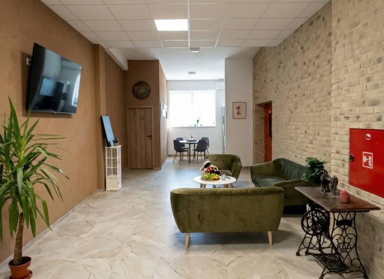 Offices with comfortable seating, a plant, and a television, floor with wood decor.