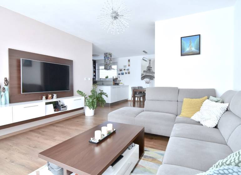 Living room in a 3-room apartment with a wooden decor floor and a gray sofa.