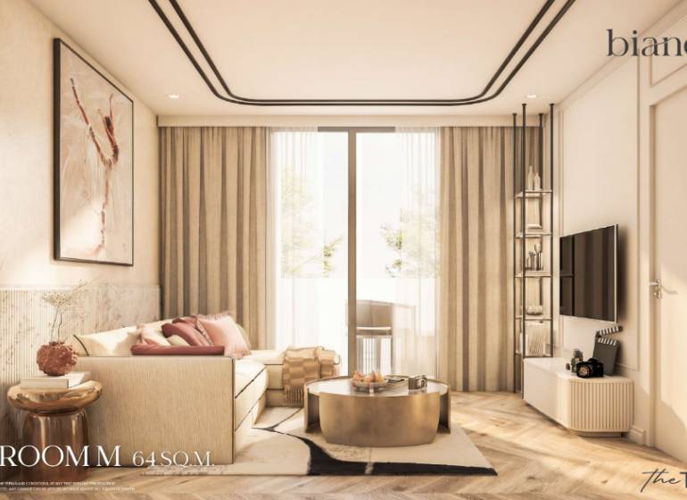 A bright living room with wood-patterned flooring and comfortable seating in a 3-room apartment.