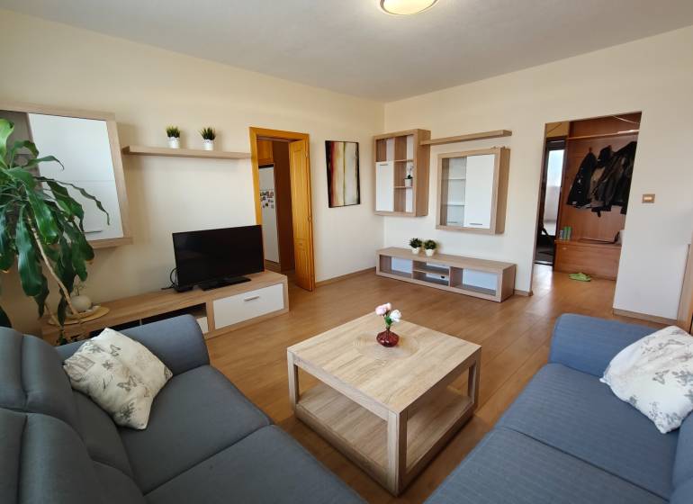 A bright living room with a sofa and wood-patterned flooring in a 3-room apartment.