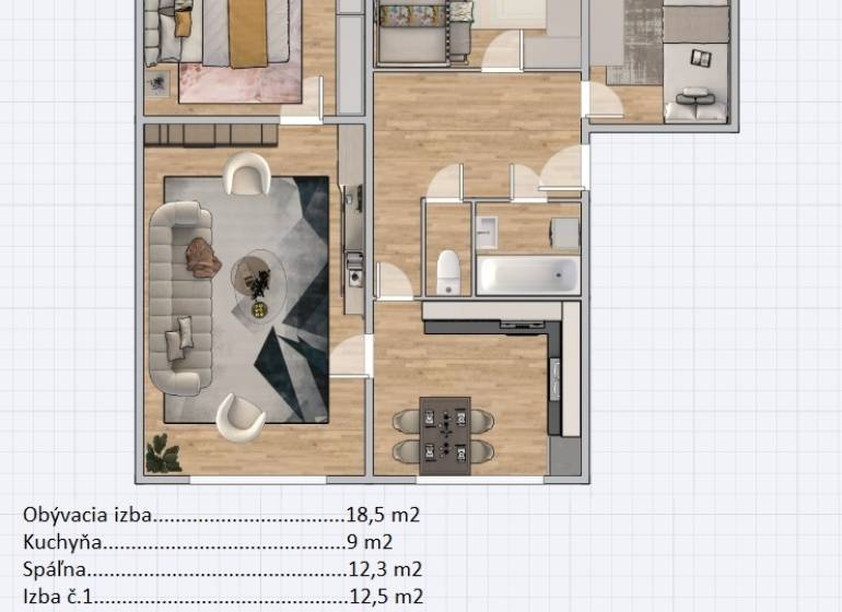 Floor plan of a 4-room apartment with wood-patterned flooring, bright rooms, bathroom, kitchen.