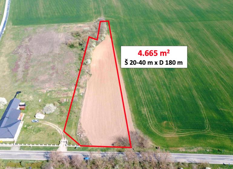 Aerial view of the plot in Ondrejovce, Záhrady, with an area of 4,665 m² marked.
