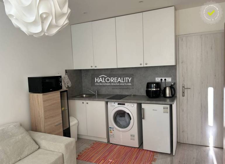 A kitchen in a studio apartment with a sink, washing machine, refrigerator, and microwave, bright interior.
