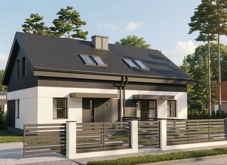 A family house in Sasinkovo on Sasinkovo Street, surrounded by trees and a modern fence.