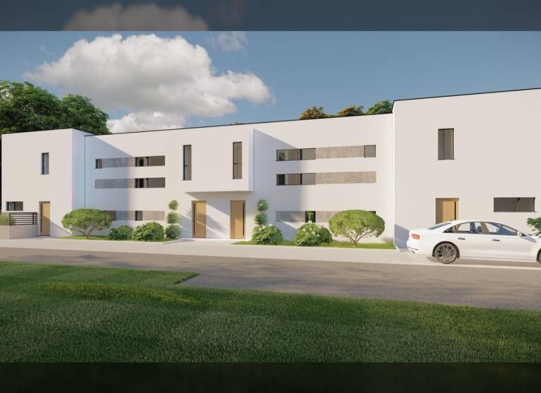 A family house in the town of Nin on Nin Street with a modern white facade and greenery.