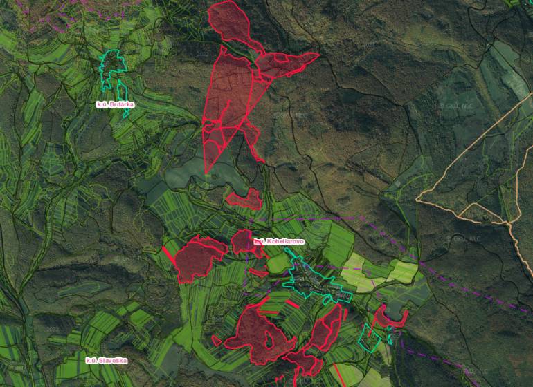 Aerial view of agricultural and forest lands around Kobeliarovo.