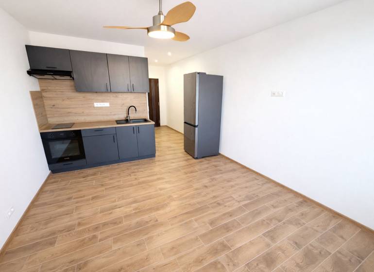 Studio apartment with a kitchenette and a wooden decor floor, refrigerator.