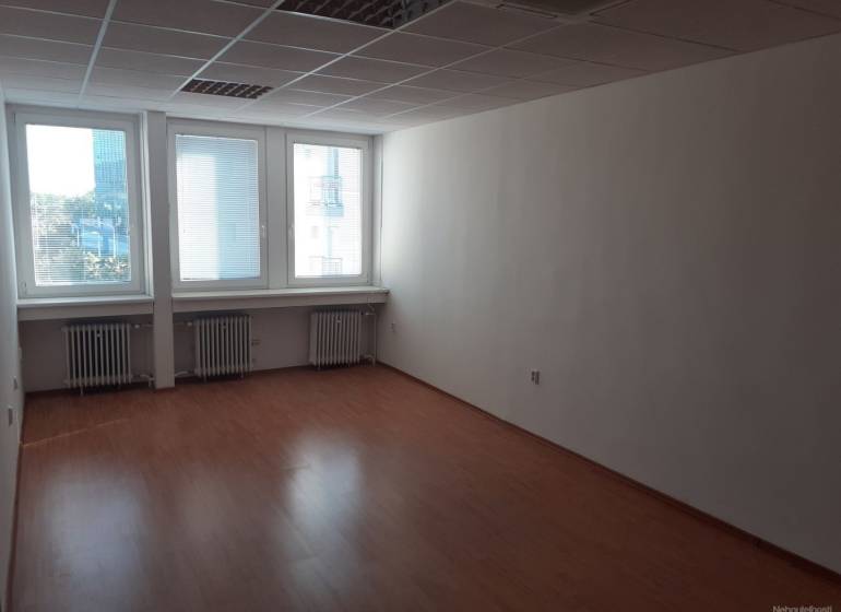 An empty office space with wood-patterned flooring and large windows.