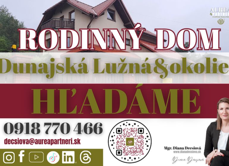 Family house in Dunajská Lužná, contact details and QR code for promotion.