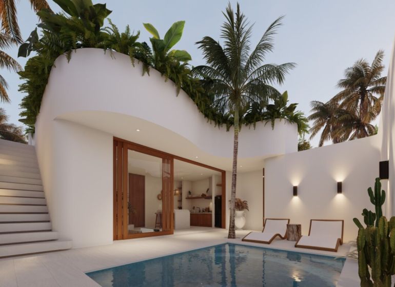 A villa in Bali with a pool, palm trees, and an outdoor staircase, surrounded by tropical greenery.