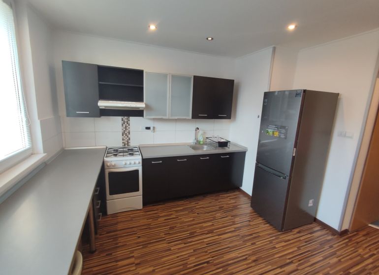 A kitchen in a studio apartment with black kitchen cabinets, a white stove, and a wooden-patterned floor.