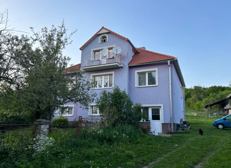 A family house in Kosihovce with a purple facade and a garden.
