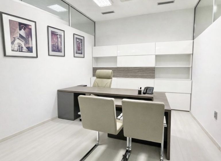 Offices with wood-patterned flooring, elegant furniture, and wall paintings.