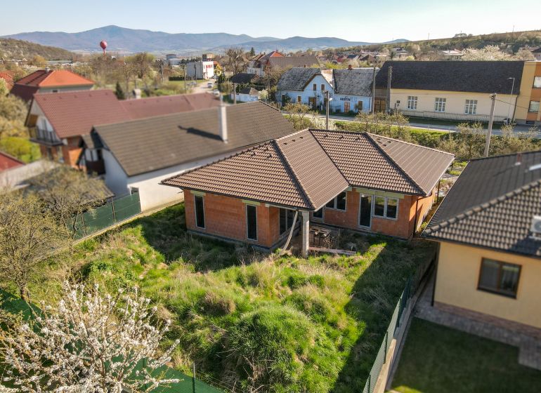 A family house in Drietoma with a garden, surrounded by other houses and nature in the background.