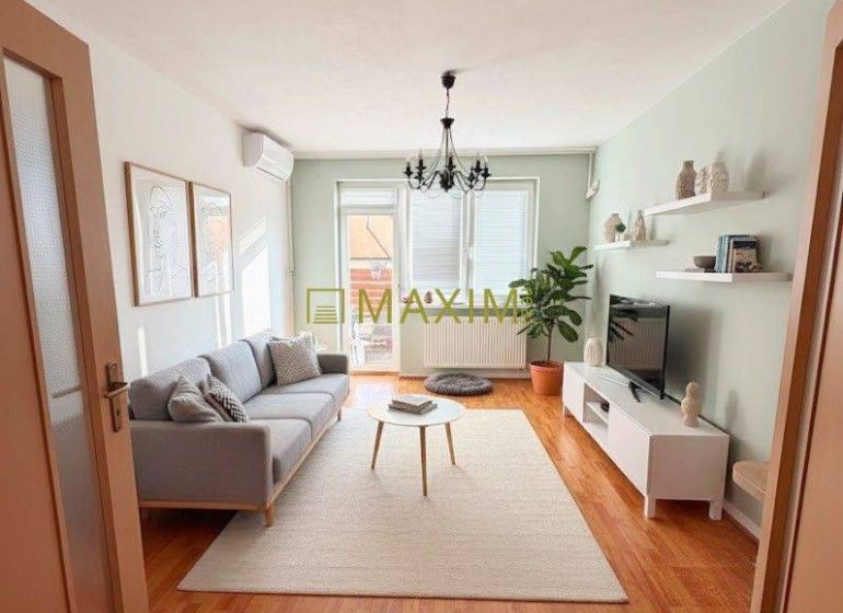 Living room in a two-room apartment with a wooden decor floor, a sofa, and a television.