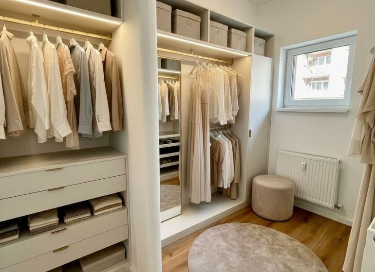 A wardrobe in a 4-room apartment with a wooden decor floor and light furniture.