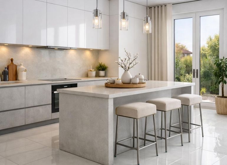 A kitchen in a 2-room apartment with a large island and high-gloss flooring.