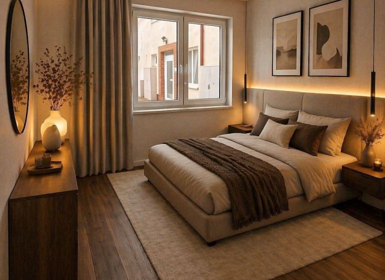 A bedroom in a 2-room apartment with a bed, dresser, and wooden decor flooring.