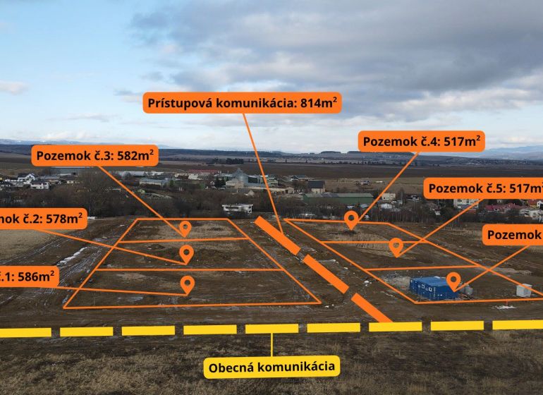 Development plots in Mlynica with marked areas and access road.