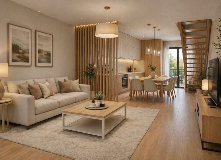 Living room with a kitchenette, sofa, and wooden decor flooring in a 2-room apartment.