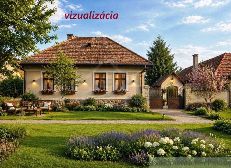 A cottage in Šahy with a flower garden, trees, and traditional architecture.