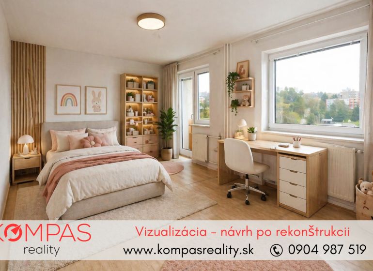 A bright bedroom with a bed, a desk, and a wooden-decor floor in a two-room apartment.
