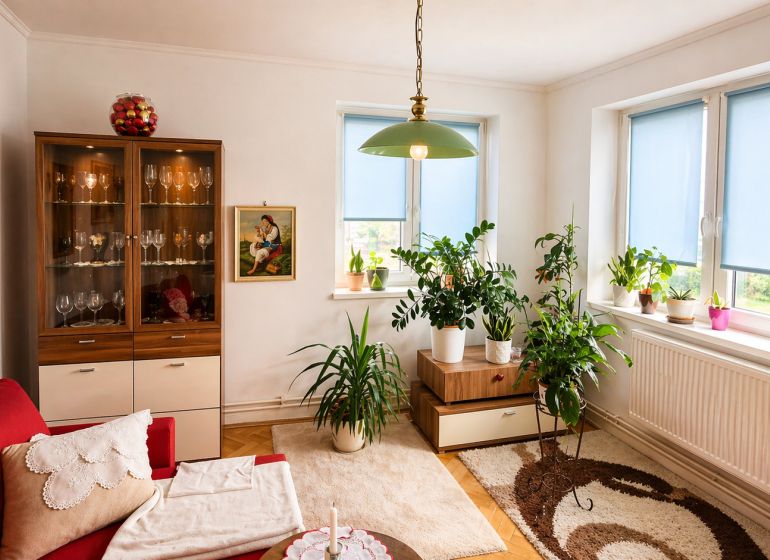 Living room with a sofa set, display cabinet, plants, and a floor with a wooden decor in a 4-room apartment.