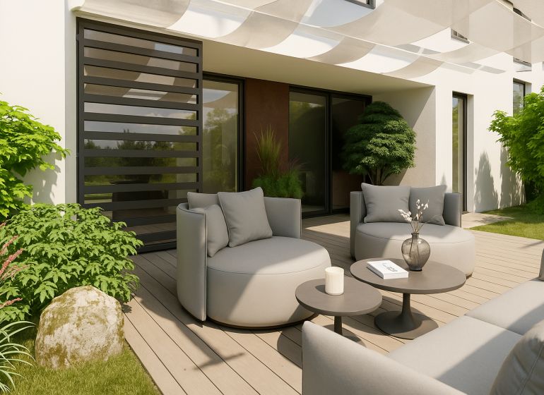 The terrace of a 4-room apartment on Suchoňova Street in Poprad with comfortable seating and decorations.