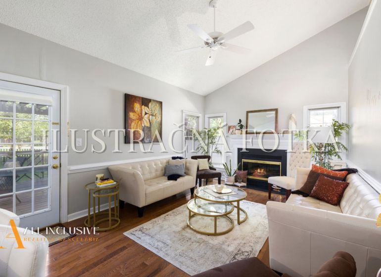 Living room in a 4-room apartment with sofas, a fireplace, and a wooden decor floor.