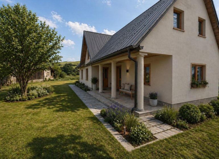 A family house in Vislanka surrounded by a garden and trees, with a sloped roof.
