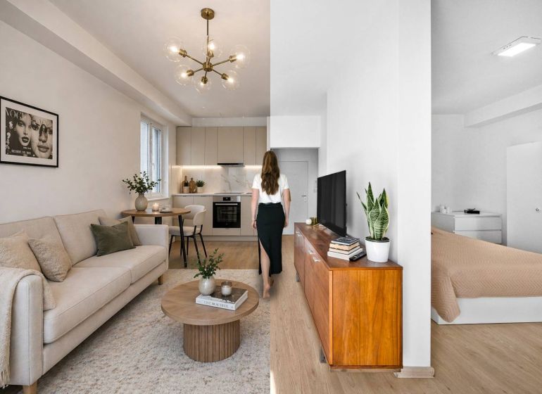 Interior of a 2-room apartment with a wooden decor floor, kitchen, and living room.