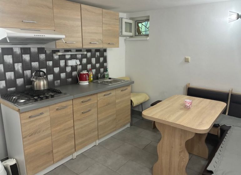 A kitchen in a cottage with a countertop and a dining table, floor with wooden decor.