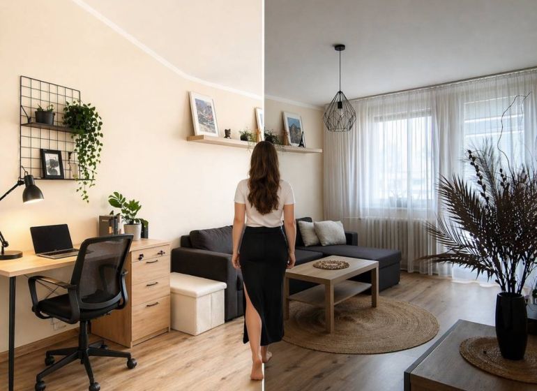Living room in a 3-room apartment with a wooden decor floor and a work corner.