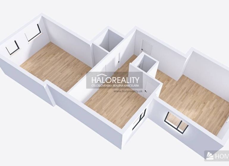 Floor plan of a 3-room apartment with wood-patterned flooring and modern furniture.