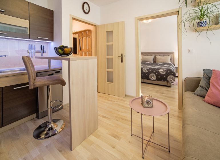 1-bedroom apartment with a kitchen, living room, wooden floor decor, comfortable seating.