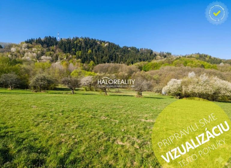 Recreational plots in Horné Hámre, surrounded by forests and blooming trees under a clear sky.