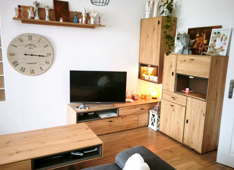 Living room in a 4-room apartment with a sofa, decorations, and a floor with a wooden design.
