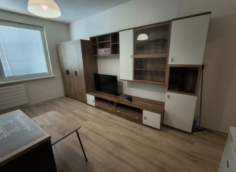 A studio apartment with a wooden floor, cabinets, and a television.
