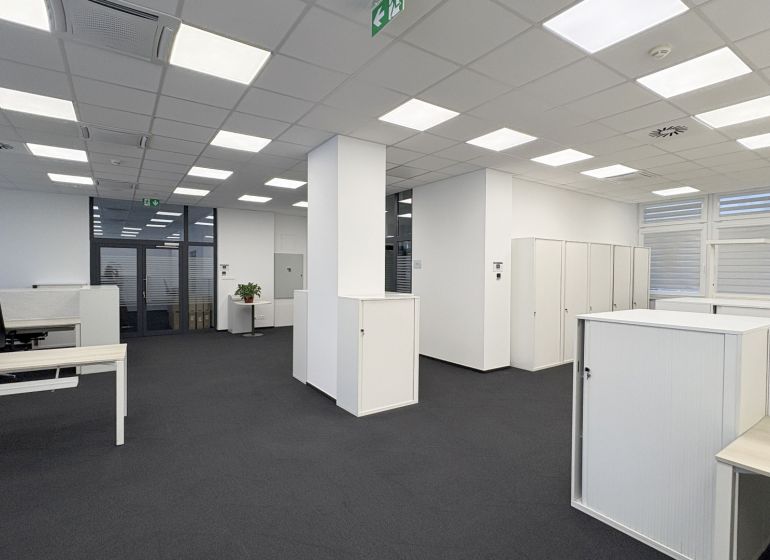 Spacious offices with white furniture and plants on a wooden decor floor.