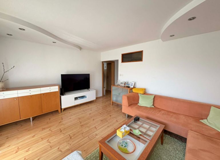 Living room in a 4-room apartment with a wooden decor floor and an orange sofa.