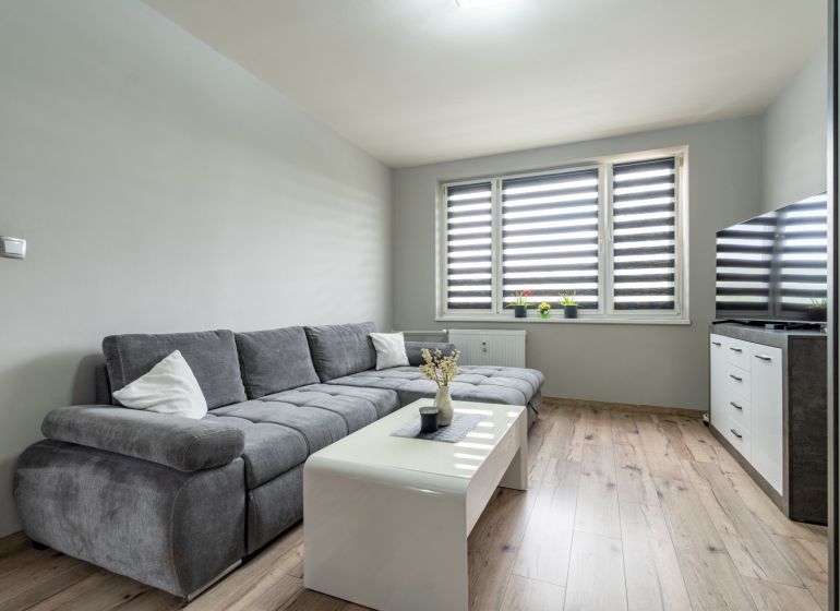 Living room with a comfortable gray sofa and a wooden-patterned floor in a two-room apartment.